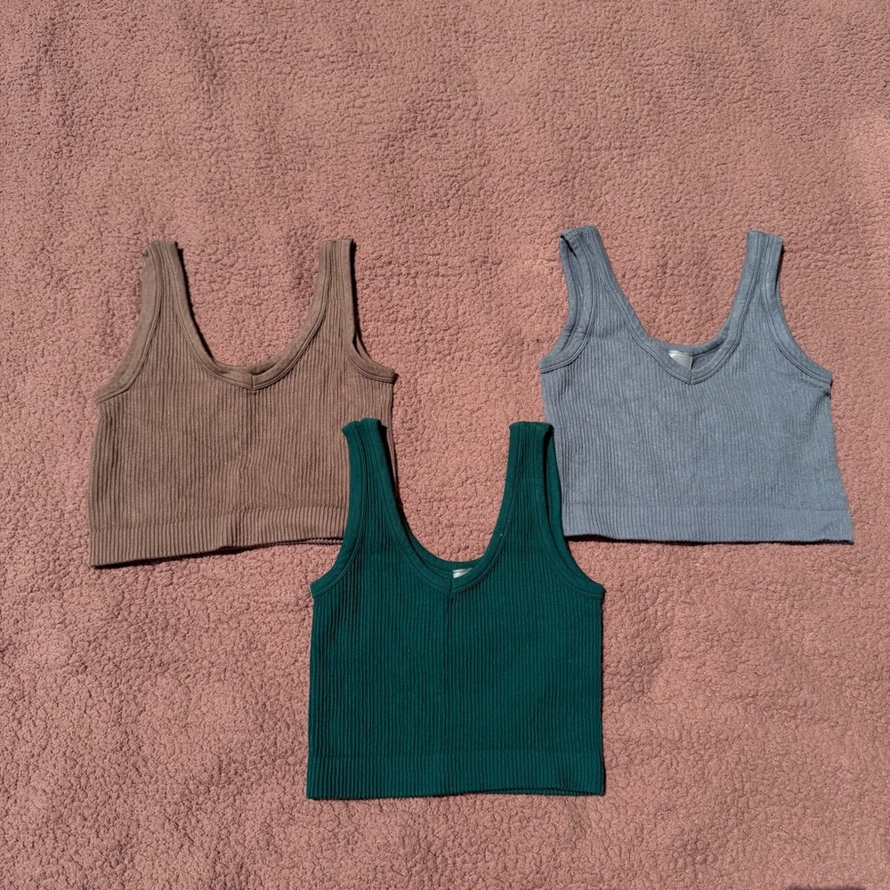 Ribbed Knit Crop Tank Top Trio - Brown, Teal, Blue
